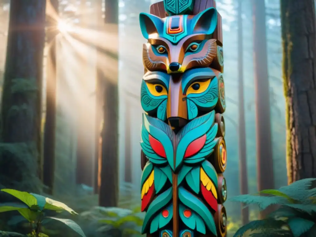 Un totem de madera tallado con figuras animales vibrantes en el bosque