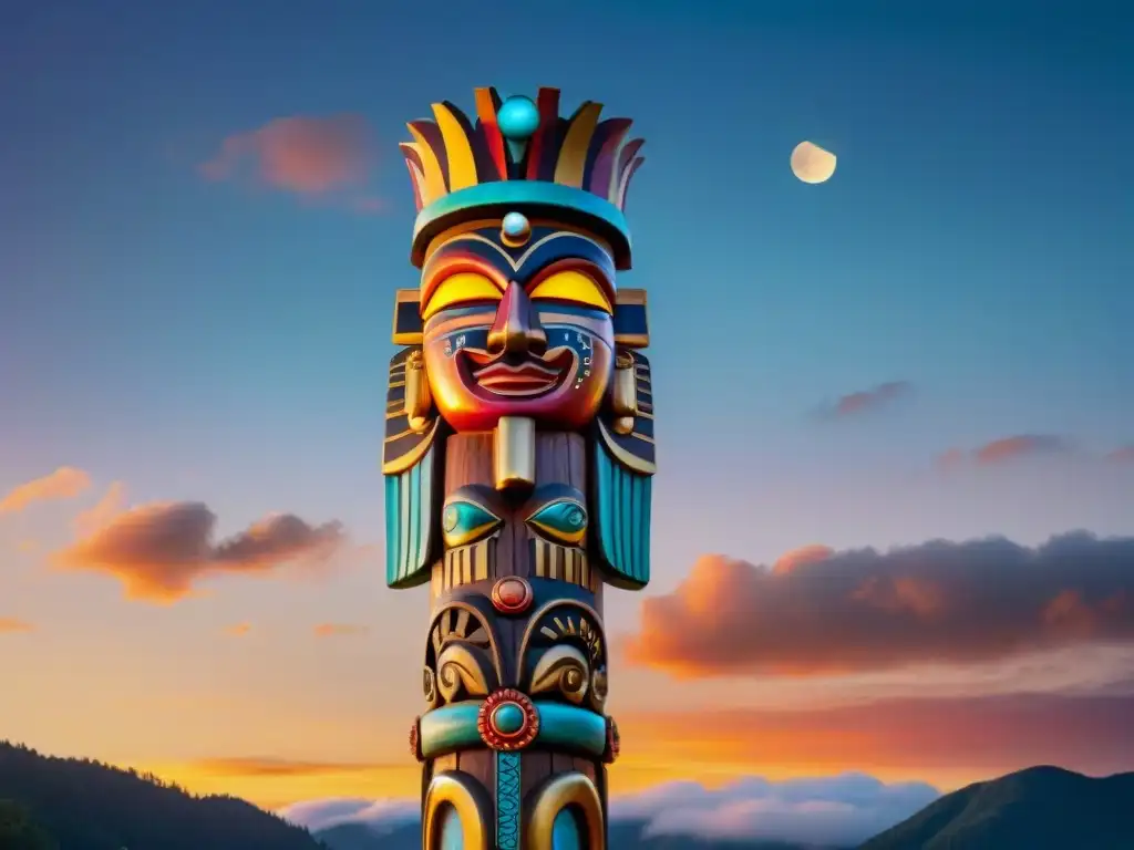 Un totem de madera tallado a mano destaca contra un atardecer vibrante, con símbolos indígenas de sol y luna