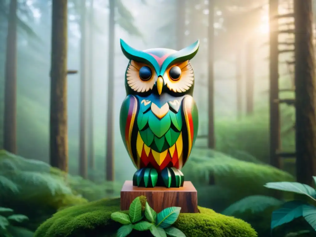 Un totem tallado con animales simbólicos en un bosque verde y luminoso