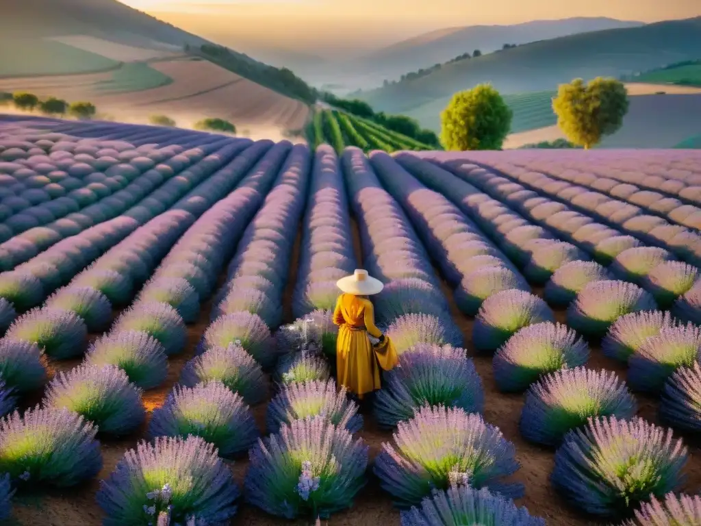 Trabajadores recolectan lavanda en campo sostenible al atardecer