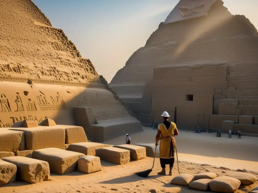 Trabajadores en trajes egipcios limpiando jeroglíficos en la Gran Pirámide de Giza al amanecer