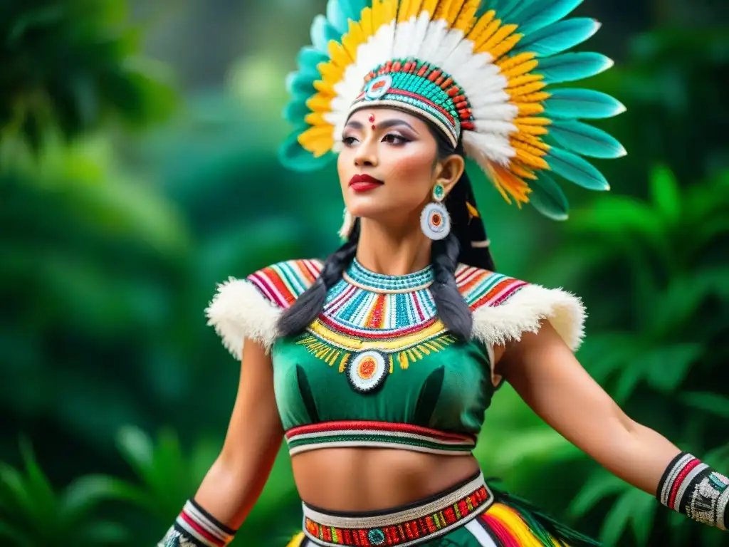 Un traje de danza maya con plumas vibrantes y bordados detallados, destacado en la exuberante jungla