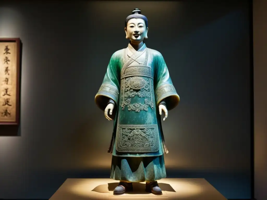 Un traje funerario de jade del Imperio Han, resplandeciendo en la penumbra de un museo, destaca la artesanía y los Ritos funerarios antigua China