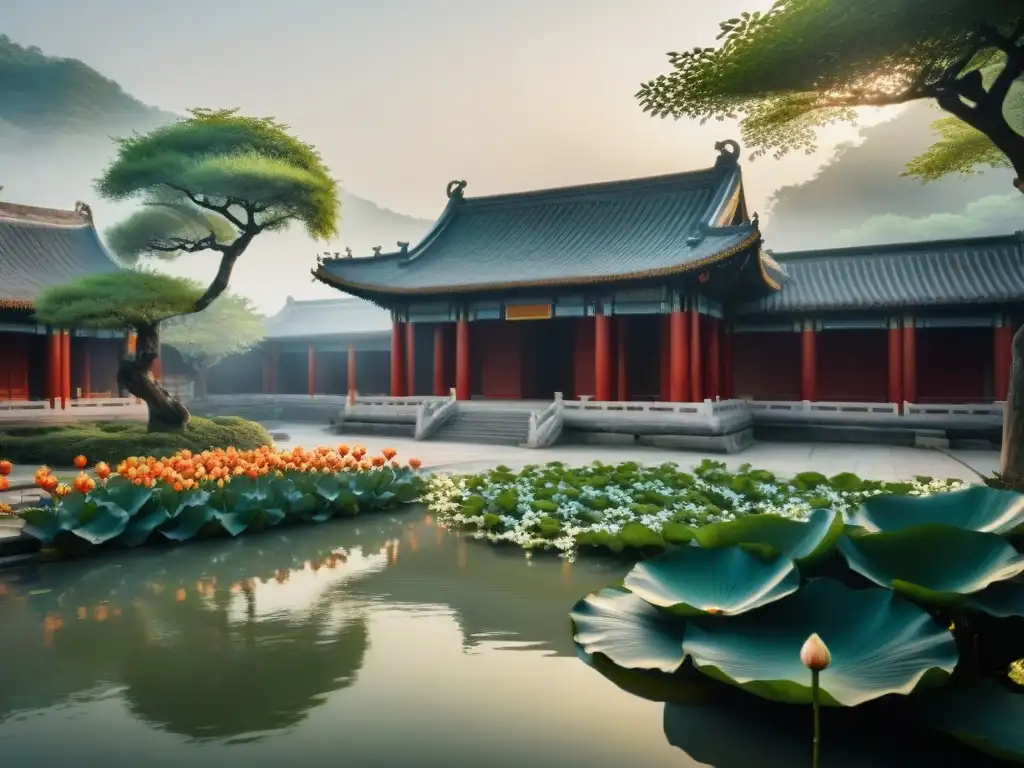 Un tranquilo patio de templo en la antigua China, integrando la meditación antigua entre elementos taoístas y confucianos