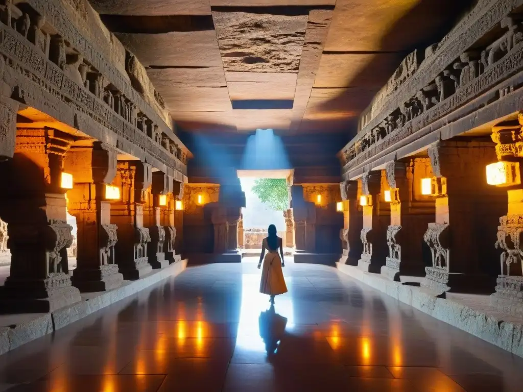 Turistas maravillados por las esculturas en los templos subterráneos Ellora, capturando la devoción en sus cámaras