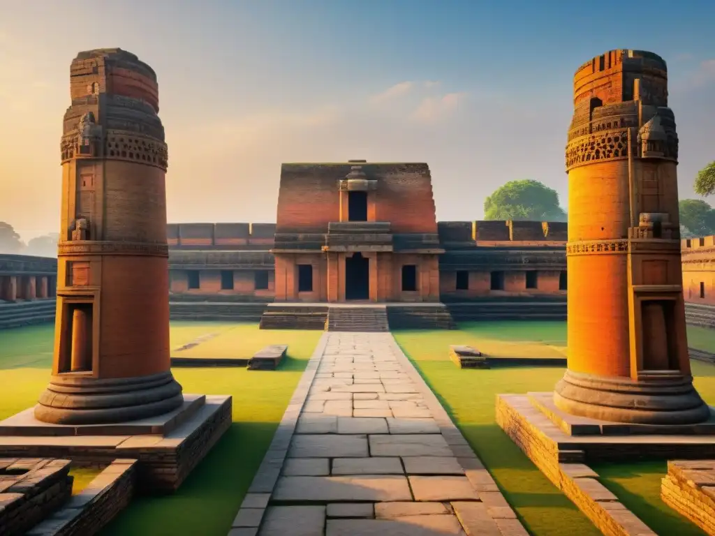 Universidades antiguas Nalanda y Taxila: Ruinas históricas detalladas, arquitectura destacada, herencia cultural resplandeciente al atardecer