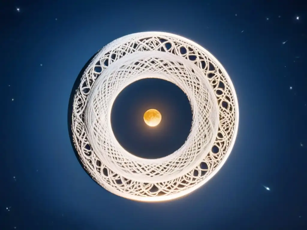 Un universo de nodos lunares entrelazados con hilos plateados, simbolizando destinos entrelazados en la vida