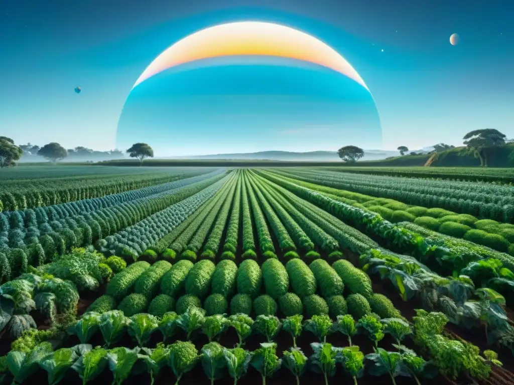 Urano en la agricultura misteriosa: Un paisaje agrícola futurista con tecnología avanzada y la mirada del planeta Urano en el horizonte