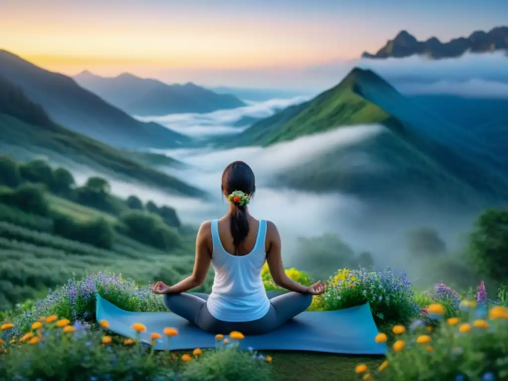 Meditación al amanecer en un valle montañoso neblinoso