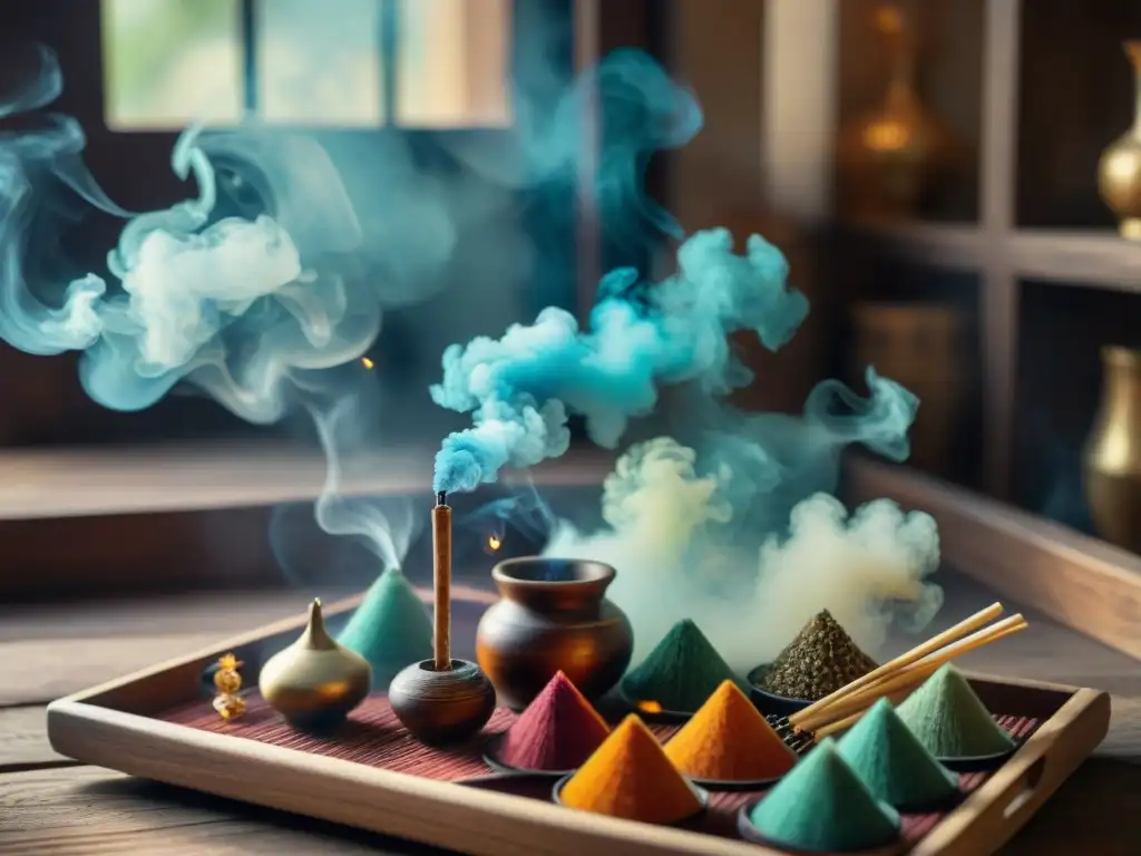 Variedad de inciensos en bandeja de madera rústica, humo fragante en la luz natural