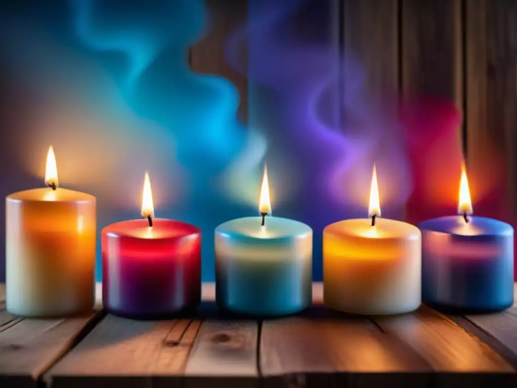 Una variedad de velas de colores y aromas en una mesa de madera, creando un ambiente místico