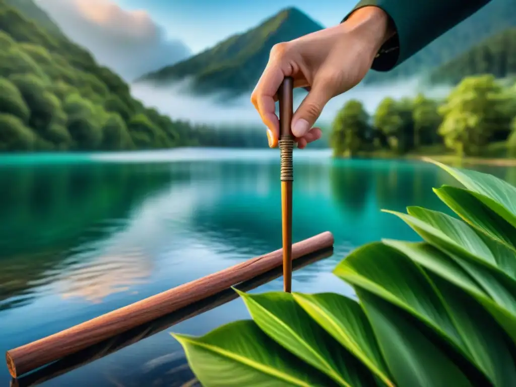 Una varita zahorí antiguo arte de madera y metal, iluminada por la luz del sol en un lago sereno rodeado de vegetación exuberante