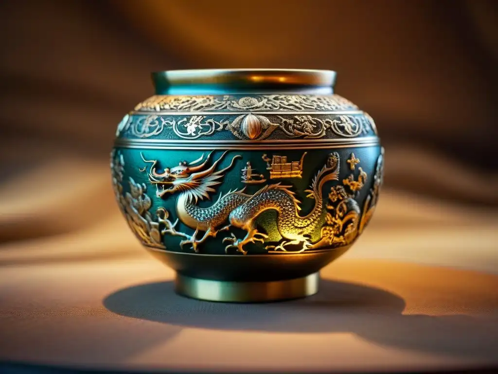 Una vasija de bronce china con motivos de dragones y fénix, sobre tela de brocado