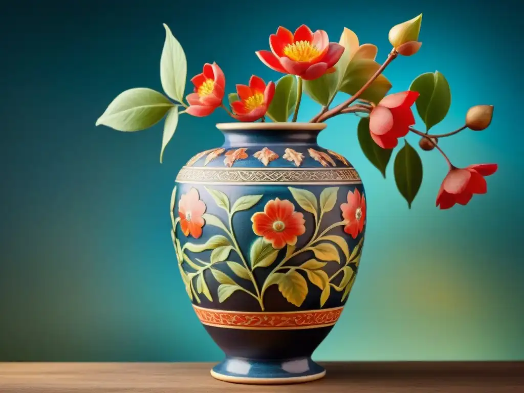 Vaso cerámico antiguo decorado con motivos florales, resalta la flora en artefactos antiguos