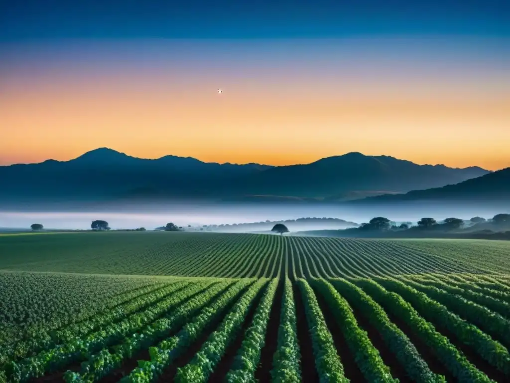 Vasto paisaje agrícola bajo el cielo nocturno con Saturno brillando, reflejando la conexión entre creencias antiguas y la agricultura planetaria