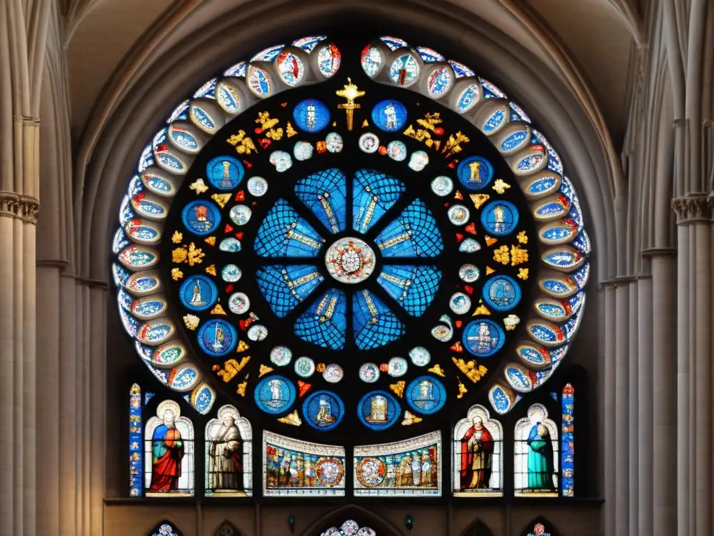 Una ventana de rosa de vidrio de la Catedral de Chartres, con geometría sagrada y colores vibrantes que evocan misticismo