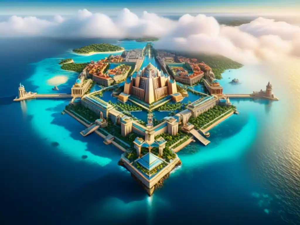 Descubre la verdadera historia de la civilización perdida Atlantis en una ilustración digital detallada y vibrante de la grandiosa ciudad sumergida