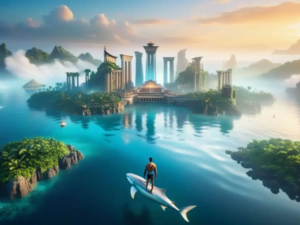 Descubre la verdadera historia de la civilización perdida de Atlantis en su esplendor, con torres de cristal, criaturas marinas y avanzada tecnología, todo bajo un atardecer hipnotizante