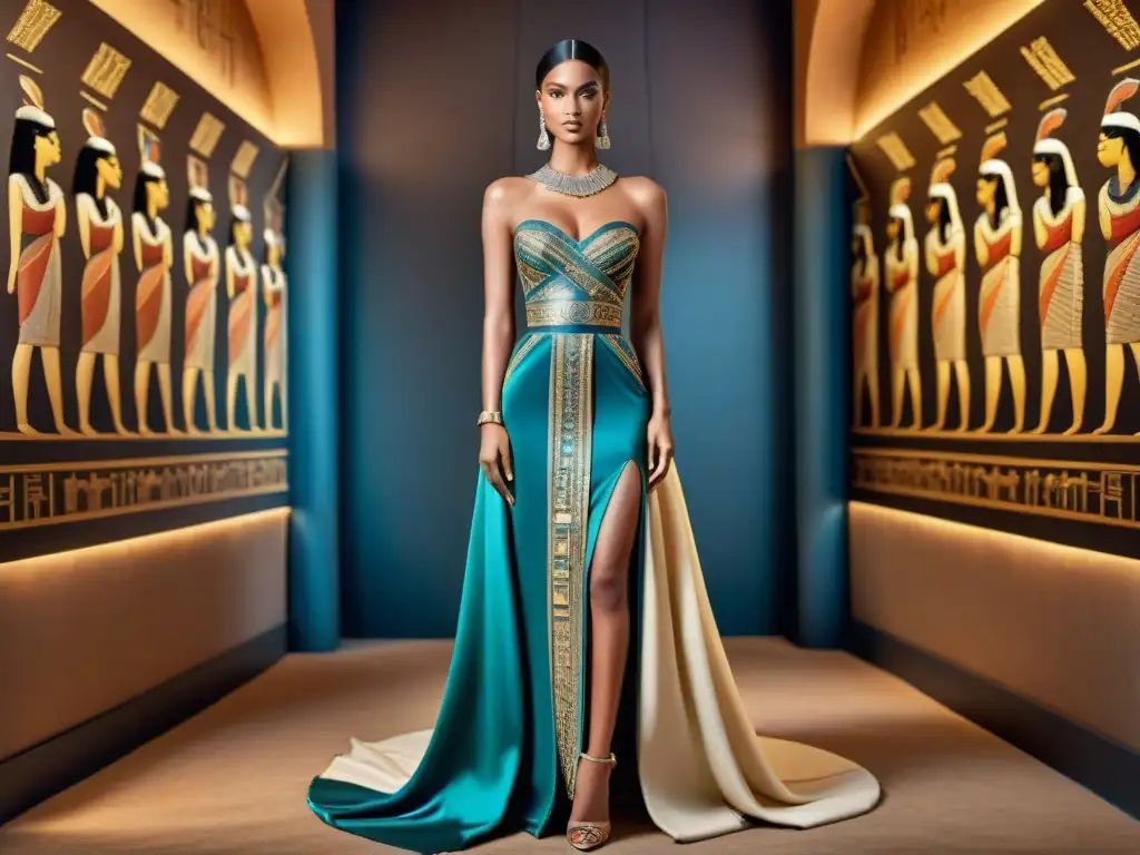 Vestido de alta costura inspirado en el antiguo Egipto, con bordados de jeroglíficos y detalles en oro, en atelier de lujo