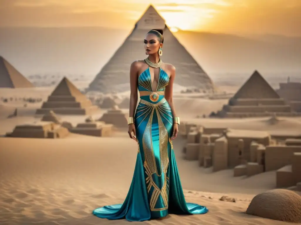 Un vestido de alta costura inspirado en el antiguo Egipto, con bordados dorados de jeroglíficos y escarabajos, adornado con gemas y plumas