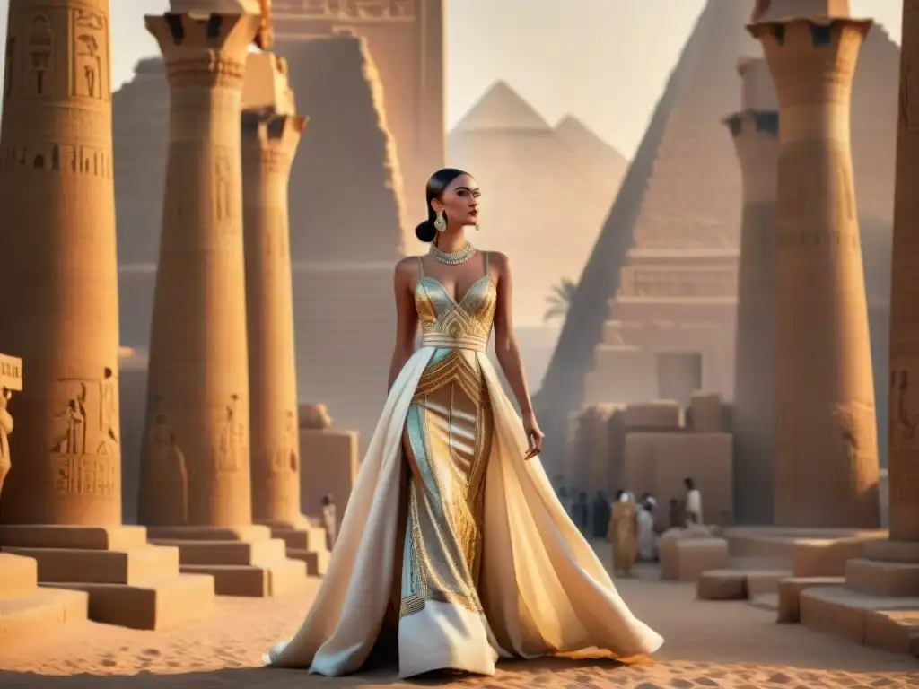 Vestido de alta costura inspirado en el antiguo Egipto con bordados de jeroglíficos, detalles dorados y silueta majestuosa