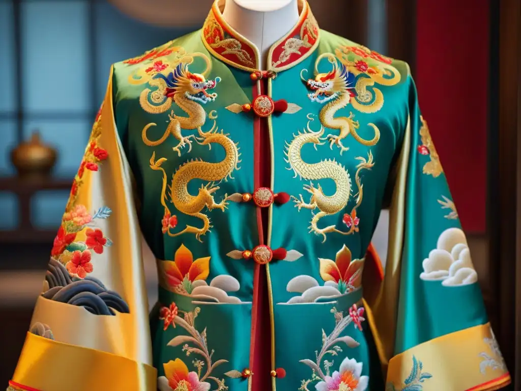 Vestimenta imperial antigua China: Robe de dragón dorado de la dinastía Qing, muestra la artesanía y detalles intrincados de la moda imperial china