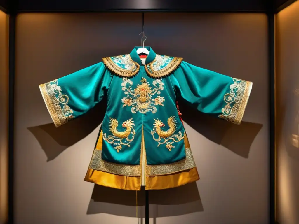 Vestimenta imperial antigua China: Majestuosa túnica de dragón dorado, bordada con perlas y criaturas míticas, iluminada suavemente en museo