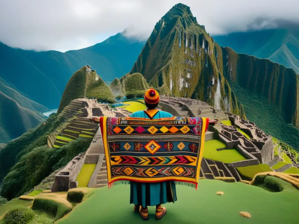 Una vestimenta Inca poder espiritual con colores vibrantes y patrones geométricos, simbolizando la conexión entre lo terrenal y lo espiritual