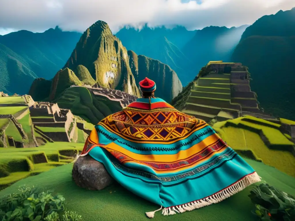 Vestimenta Inca poder espiritual: Textil Inca detallado con colores vibrantes, símbolos espirituales y montañas Andinas al fondo