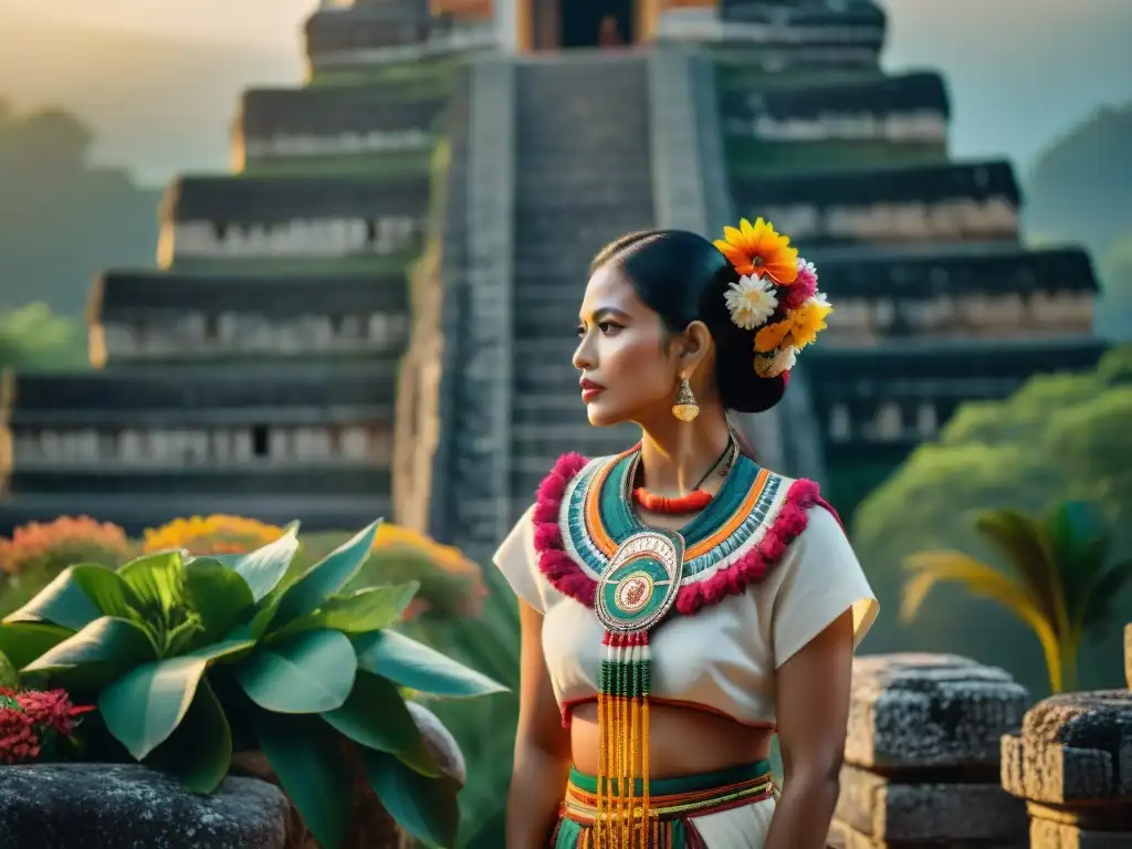 Vestimenta ritual maya con aromas de hierbas y flores, en ruinas iluminadas al atardecer