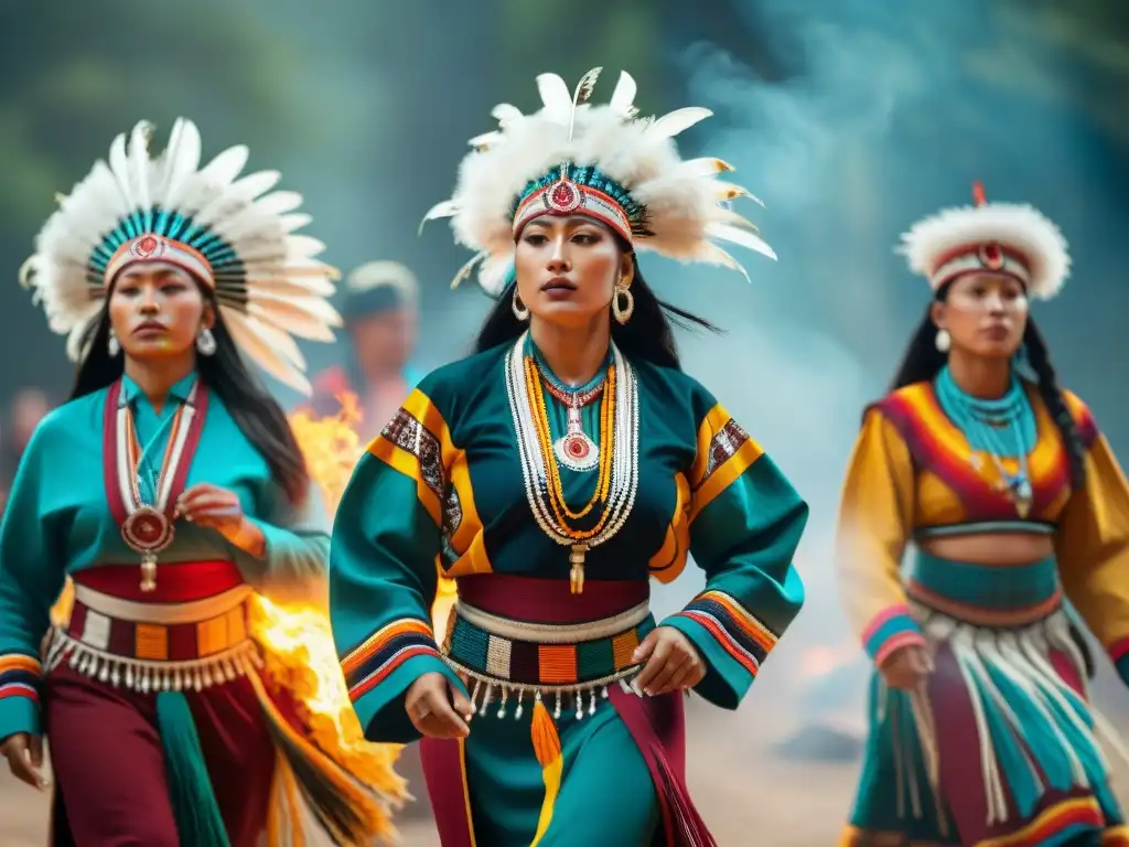 Vestimentas rituales de culturas indígenas americanas danzando alrededor del fuego ceremonial