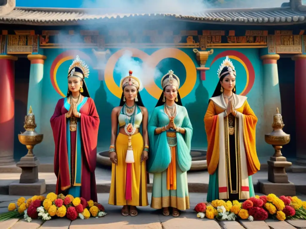 Vestimentas sacerdotisas culto antiguo: Grupo de sacerdotisas en elaboradas túnicas realizando ritual en templo soleado