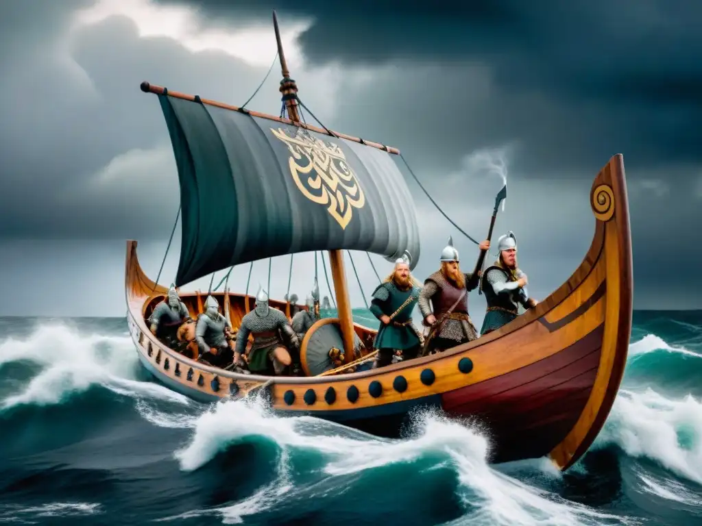 Un viaje épico en un drakkar vikingo, guerreros valientes y diseño de runas en sus escudos, bajo un cielo tormentoso