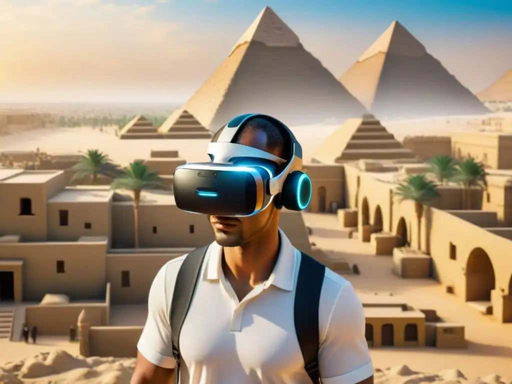 Un viaje inmersivo a la antigua ciudad egipcia de Tebas a través de la realidad virtual, con las pirámides de Giza de fondo