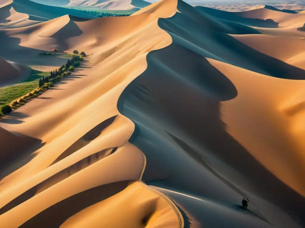 Un viaje misterioso por las antiguas rutas comerciales transcontinentales, entre dunas doradas y caravanas de camellos al atardecer