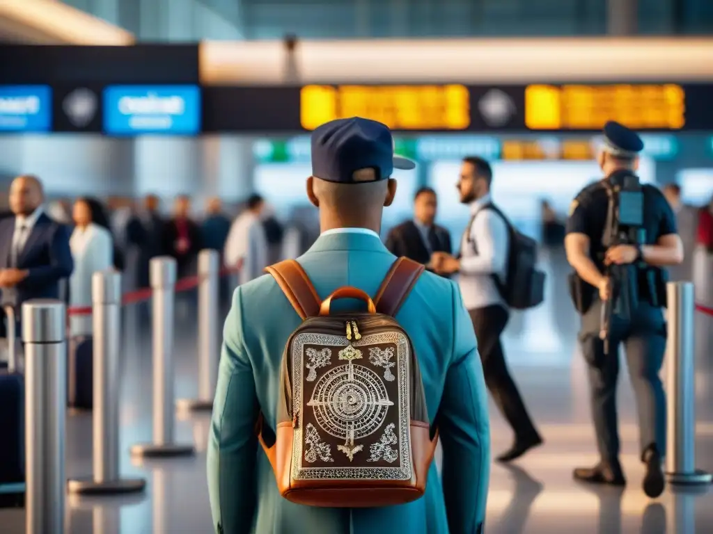 Viajero con amuletos de protección atraviesa control de aeropuerto moderno