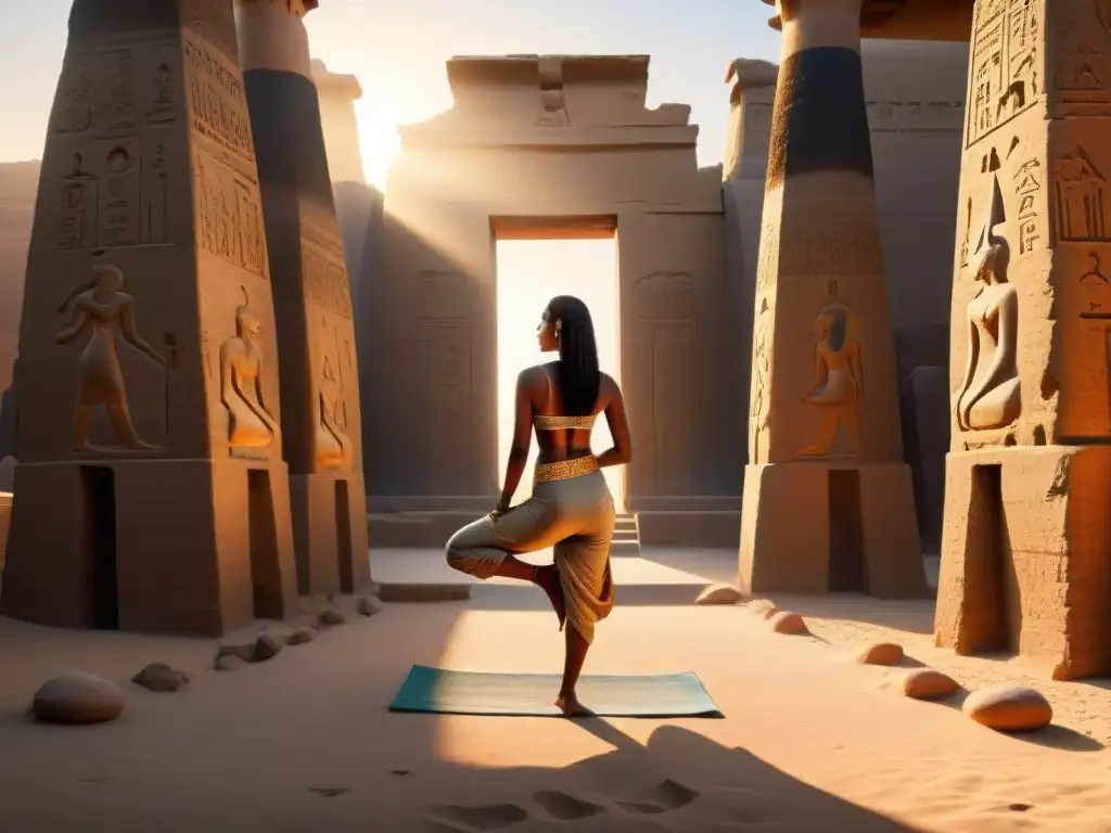 Un viajero conectando con energía ancestral en un templo egipcio al atardecer