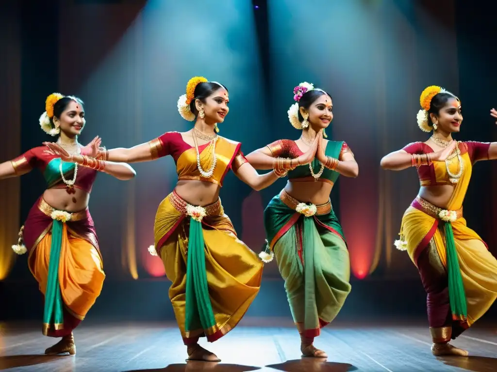 Vibrante actuación de bailarinas de Bharatanatyam en trajes tradicionales, expresando gracia y belleza