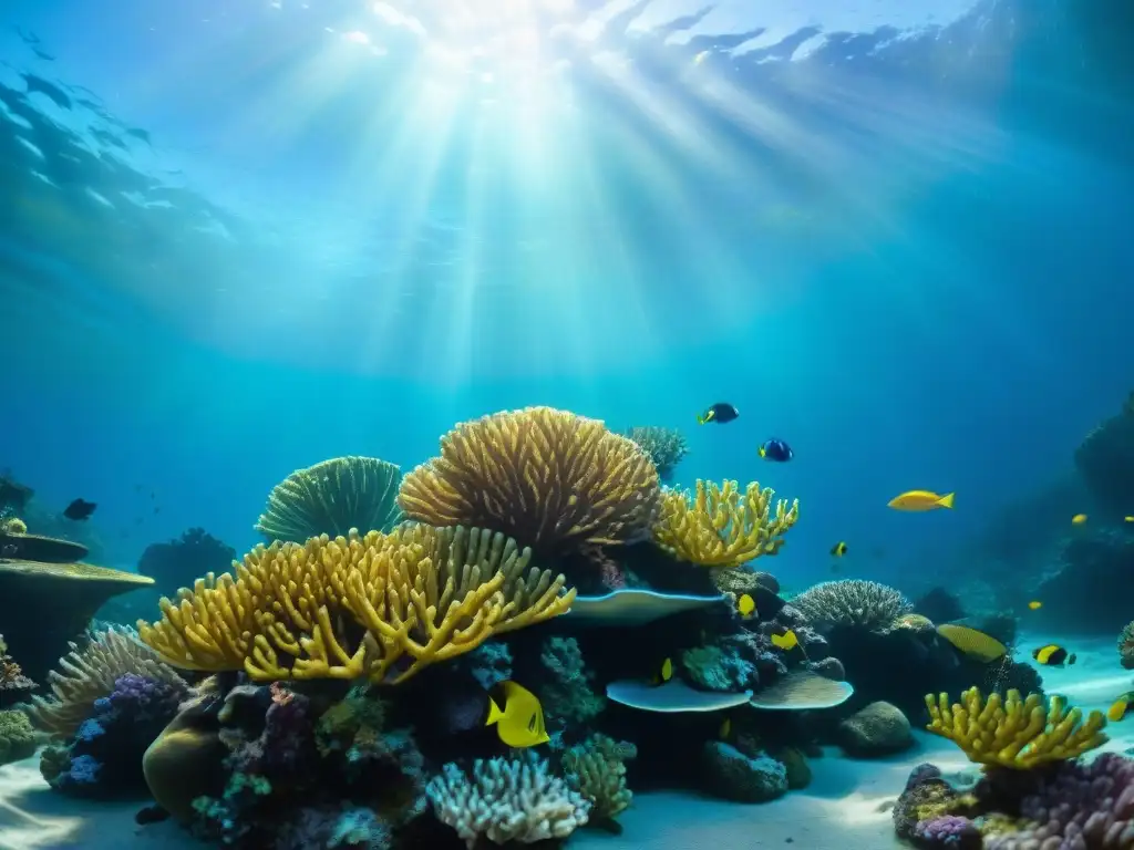 Un vibrante arrecife de coral lleno de peces coloridos, plantas marinas y formaciones rocosas submarinas