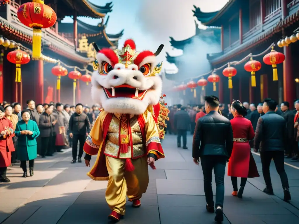 Vibrante celebración de Año Nuevo Chino en una bulliciosa calle de Chinatown, con dragones y decoraciones rojas y doradas