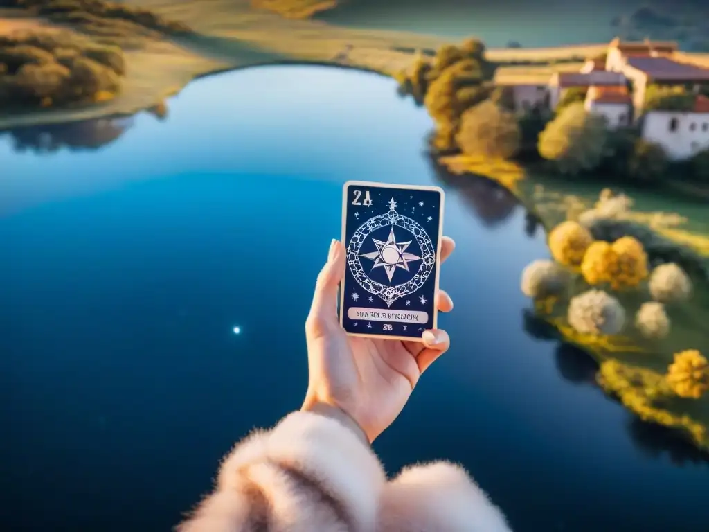 Vibrante cielo estrellado con carta del Tarot y símbolos astrales, una guía espiritual con Tarot y astros