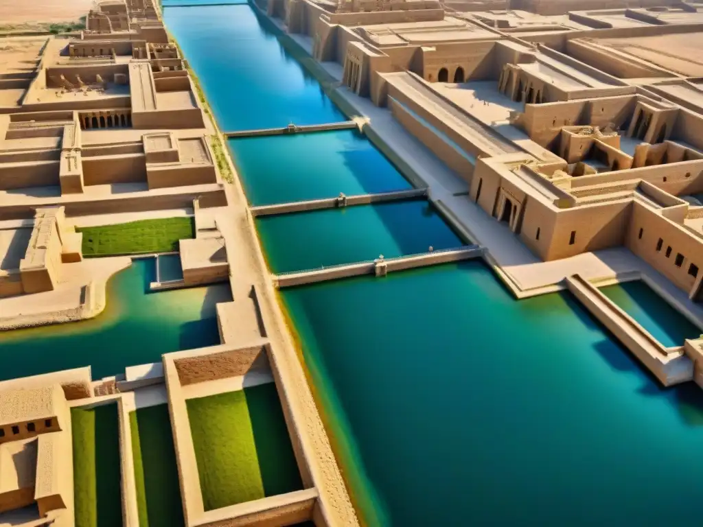 Vibrante ciudad de Ur en Mesopotamia, con canales, ziggurats y bulliciosas calles, reflejo de la ingeniería civil en Mesopotamia