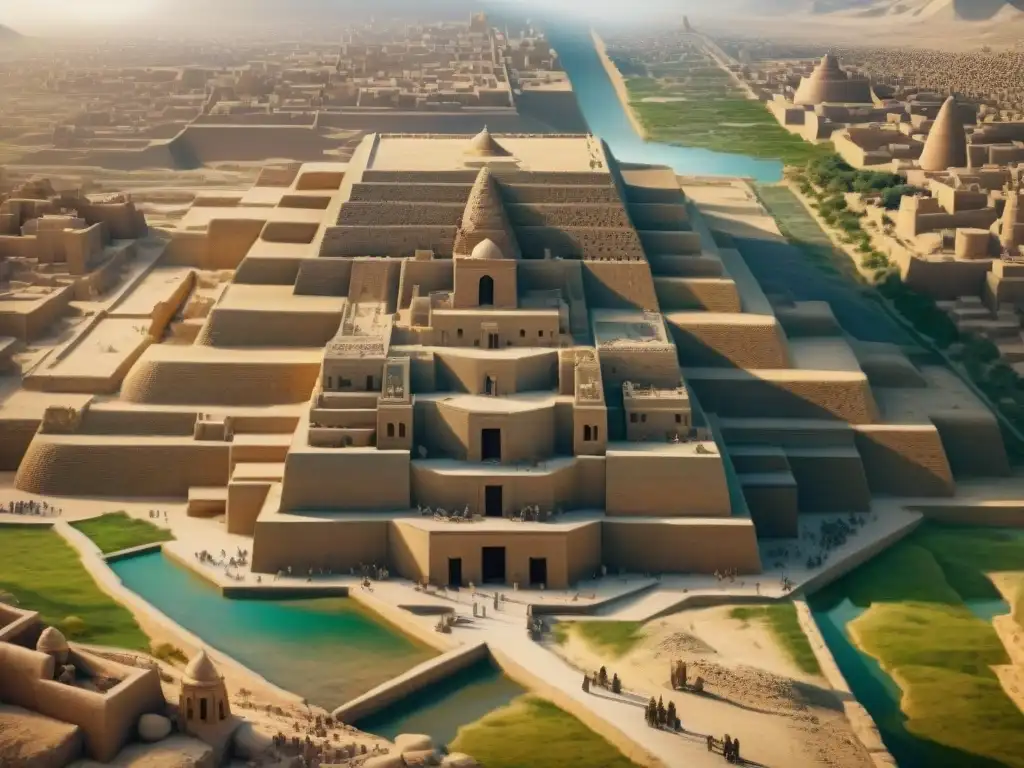 Vibrante ciudad de Mesopotamia con la majestuosa Torre de Babel, capturando la vida diaria en La Torre de Babel Mesopotamia