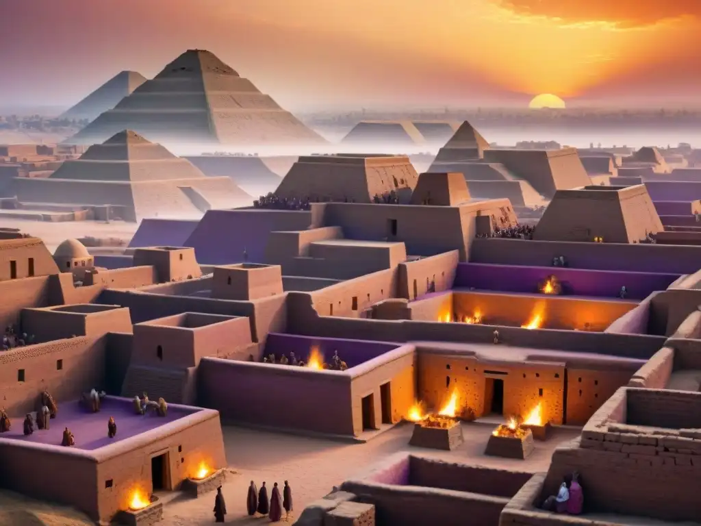 Vibrante ciudad sumeria al atardecer, con ziggurats y mercados bulliciosos bajo una misteriosa desaparición civilización sumeria misterio