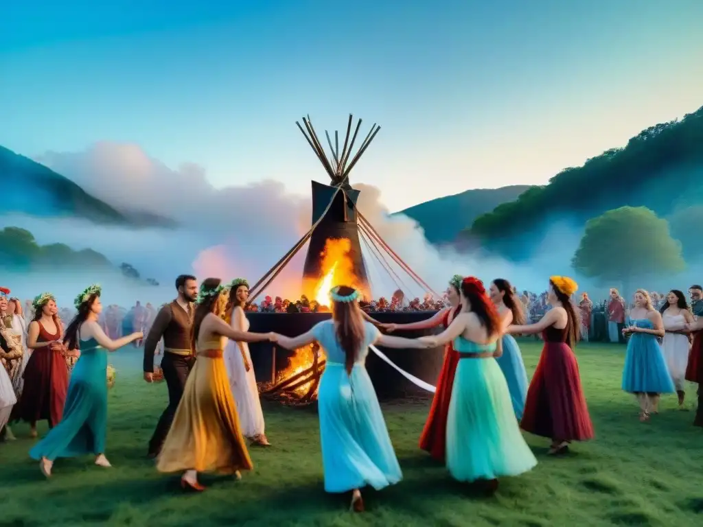 Vibrante celebración de Beltane con danzas alrededor de un maypole decorado, coronas de flores y hogueras, en un prado verde bajo un cielo azul