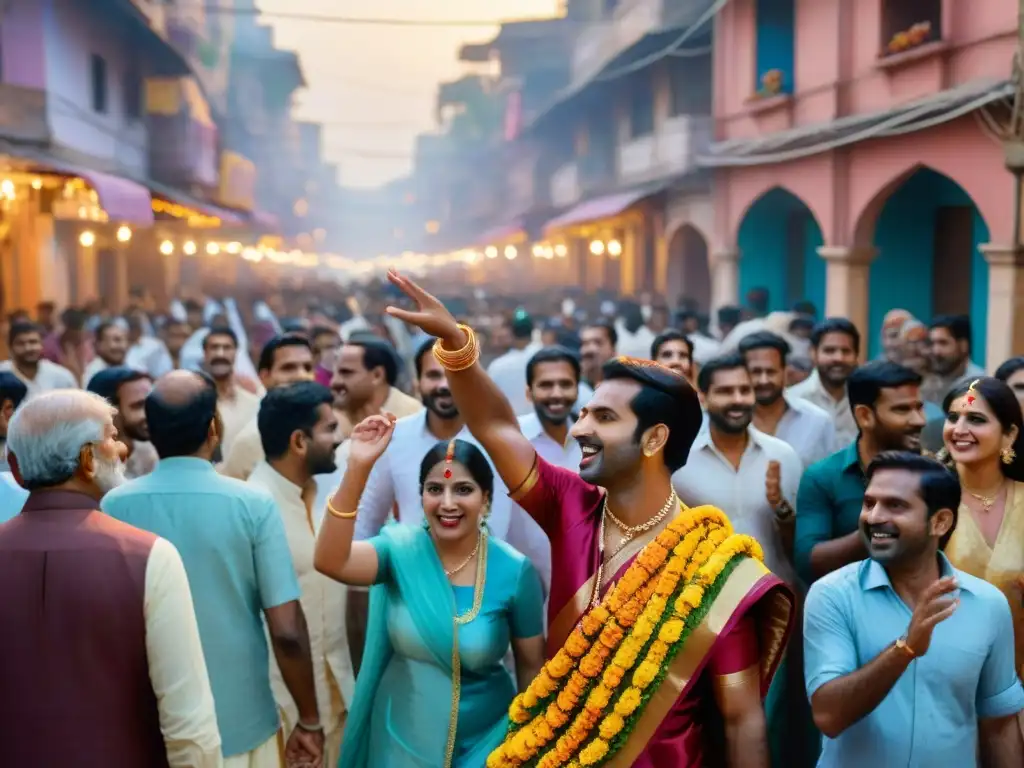 Vibrante celebración de Janmashtami con devotos bailando y cantando en las coloridas calles de Mathura