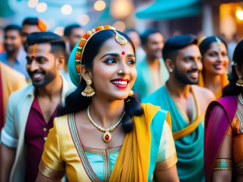 Vibrante celebración de Janmashtami: devotos cantando y bailando con fervor en trajes tradicionales coloridos