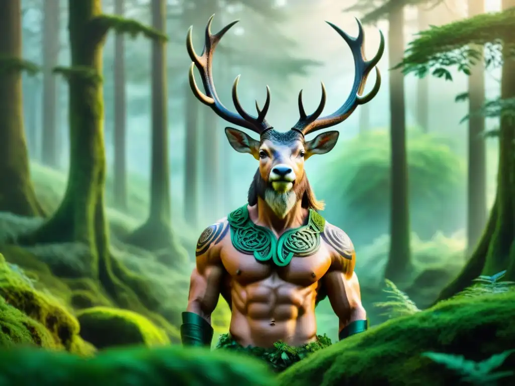 Una ilustración intrincada y vibrante del dios celta Cernunnos en un bosque mágico rodeado de criaturas místicas