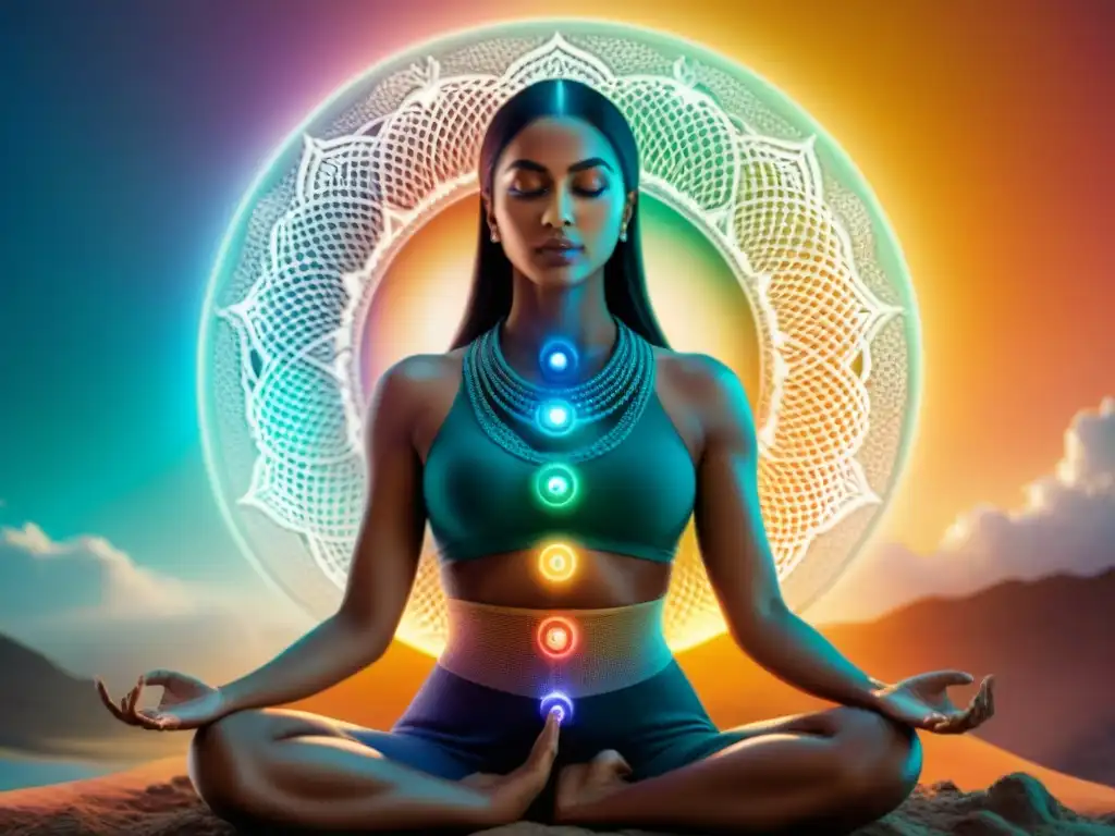 Vibrante ilustración de energía Kundalini ascendiendo por chakras en figura humana, simbolizando rituales de iniciación yogui