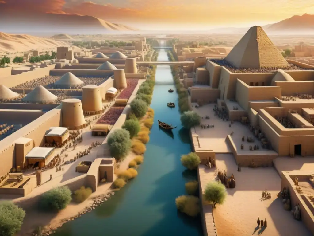 Vibrante escena de la antigua Mesopotamia, mostrando la ciudad de Uruk en todo su esplendor con la Epopeya de Gilgamesh héroe inmortal